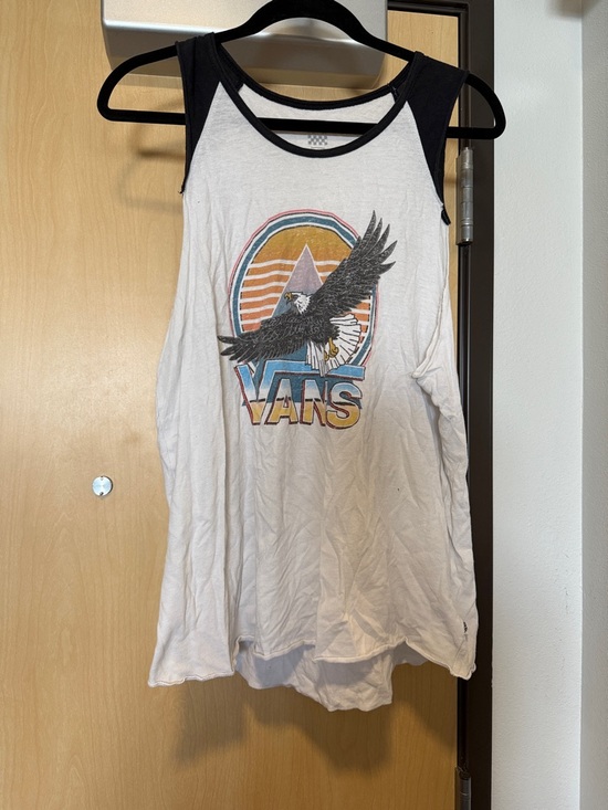 Vans Tops - Vans White Tank with Black Trim and Multicolor Eagle Graphic
